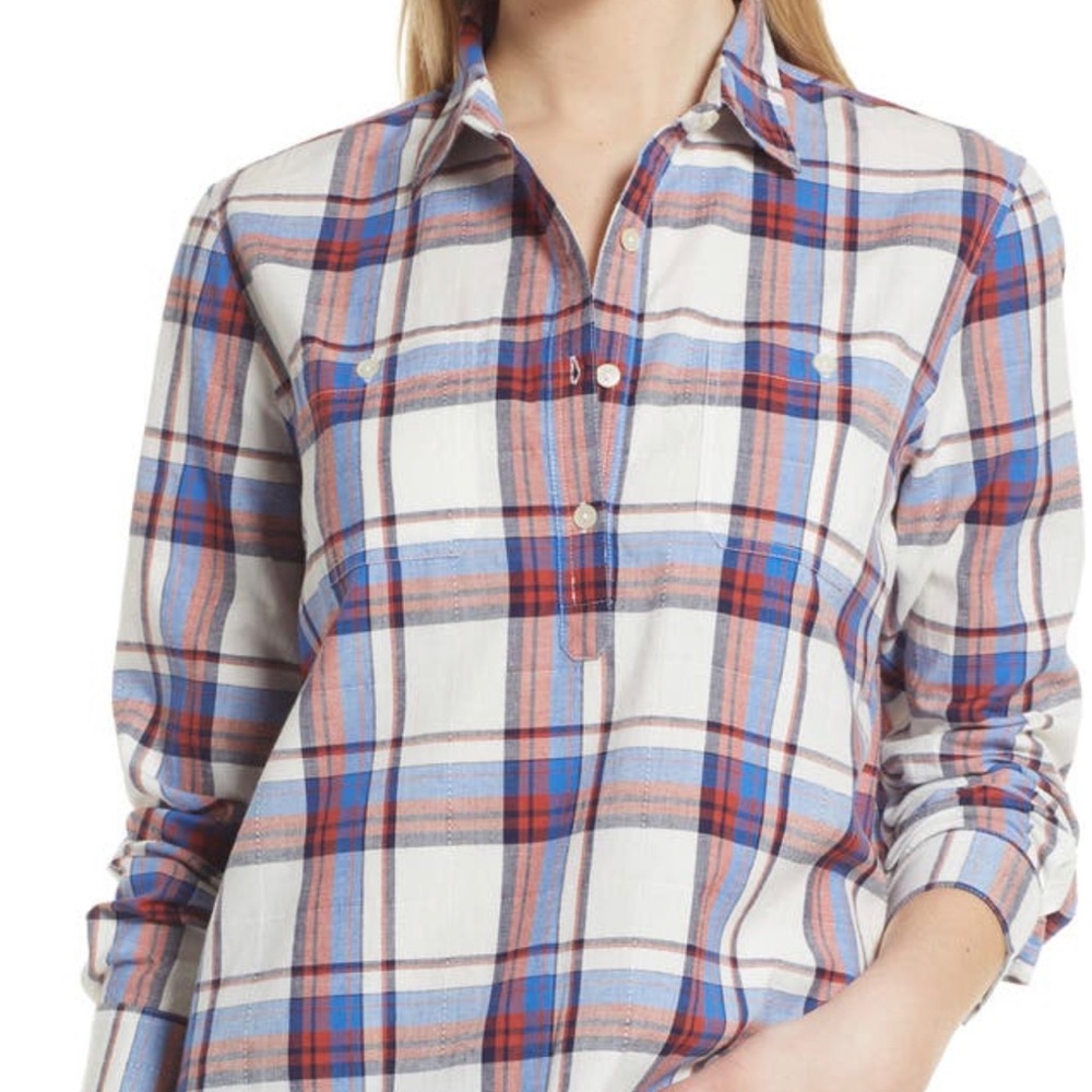 Caslon plaid cotton long sleeve shirt S ivory blue 100% cotton button Down